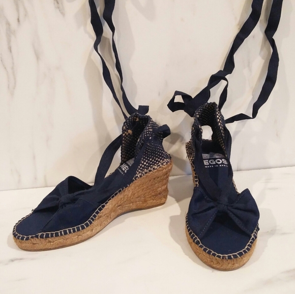 NWOT Navy Silk Spanish Wedge Espadrilles - Picture 4 of 10